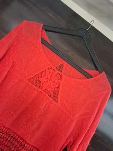 Boho Crochet Trim Red Tunic Top