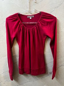 Chic Red Long Sleeve Gathered Neck Top