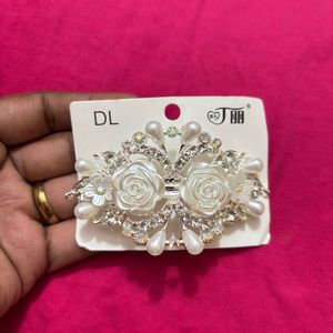 Elegant White Rose &amp; Pearl Hair Clips Set of 2