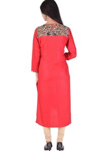 Red Kurti With Flowers Print And Designer Neck