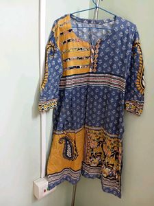 Elegant Blue &amp; Gold Print Kurti With Dupatta