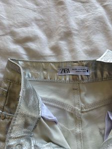 Zara Metallic Straight Jeans Silver