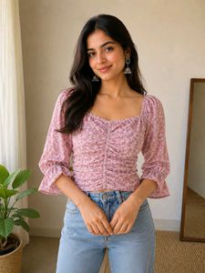 Pink Floral Ruched Puff Sleeve Top