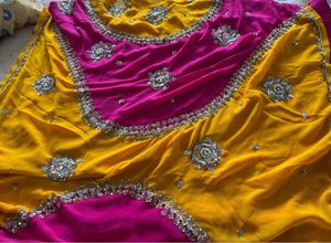 Elegant Pink &amp; Yellow Embellished Saree