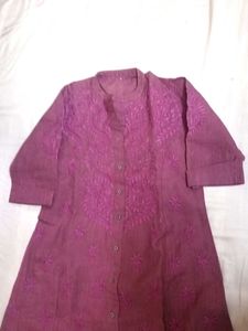 Embroidered Mauve Lucknowi Front open Linen Kurta