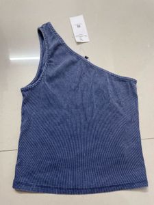 Blue One-Shoulder Ribbed Tank Top