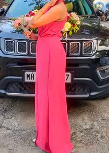 Elegant Pink Halter Neck Gown