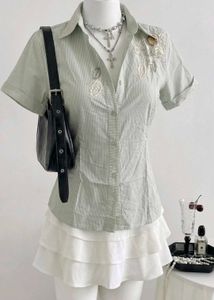 Fitted Green Embroidered Striped Shirt 💕