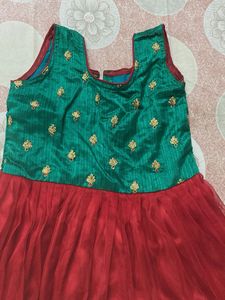 red and sea green short frock