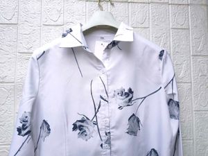 Korean Premium Chic White Rose Print Button-Up Shi