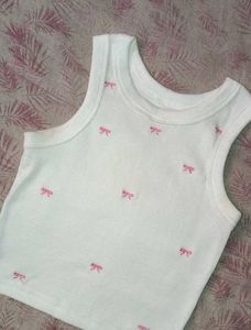 Cute White Ribbed Tank Top with Bows