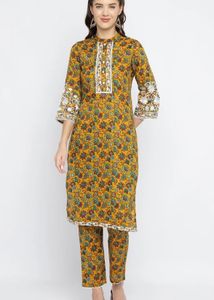 Stylish Yellow Floral Kurta Pant Set