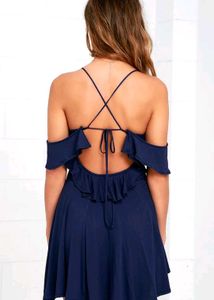 Korean Blue Sexy Ruffles Backless Dress