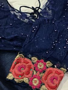 Navy Blue Embroidered Saree with Blouse