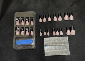 Black French Tip Press-On Nails with 3D Flowers &amp;