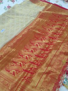 Cream &amp; Red Brocade Saree