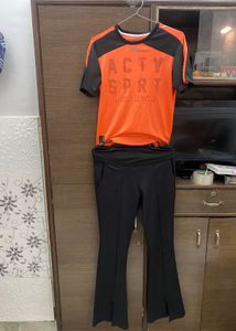 Orange Active Sport T-Shirt And Bell Bottom Leggin