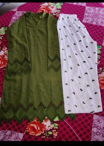 Olive Green Kurti with White Pants