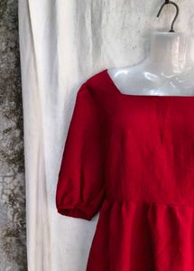 Chic Red Square Neck Puff Sleeve Dress