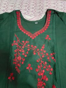 Beautiful Dark Green Embroidered Kurti with Printe