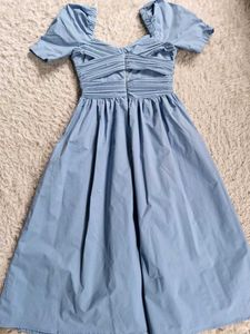 Sky Blue Puff Sleeve Midi Dress With pocket