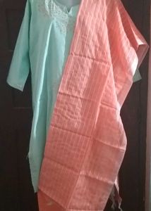 BrandNew KhadiCotton SeaGreenKurtiSetWithPeachCol