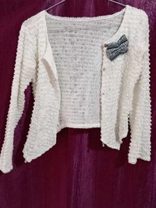 White Textured Open Cardigan with Bow Detail