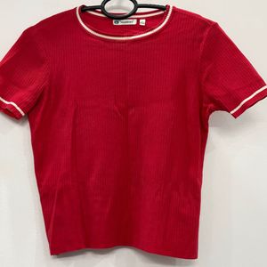 Red Ribbed T-Shirt with White Trim