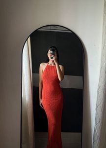 Orange Crochet Bodycon Maxi Dress | Halter Neck |