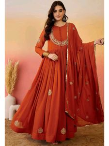 Elegant Rust Embroidered Anarkali Suit Set