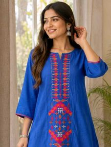 Blue Kurta Set with Geometric Embroidery