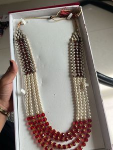 Layered Pearl and Red Bead Necklace