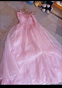 Pink Floral Applique Tulle Gown