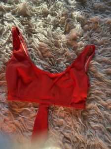 Red Ribbed Bikini Top with Tie