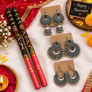 Combo Dandiya sticks and Traditional Oxidized Silv