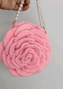 Chic Pink Rose Crochet Handbag with Pearl Strap