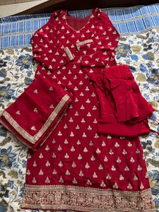 Zardozi Embroidered Pure Silk Red Suit, Churidhar