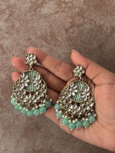 Mint Kundan Chandbali Earrings