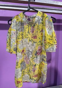 Yellow Floral Cutout Shoulder Blouse For Women