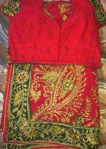 Embellished Red Saree with Green Border