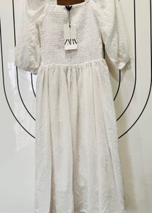 Zara White Smocked Midi Dress