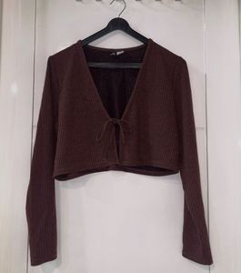Brown Ribbed Tie-Front Cropped Cardigan