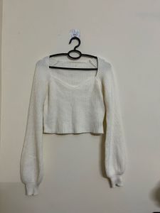Cream Ribbed Balloon Sleeve Crop Top