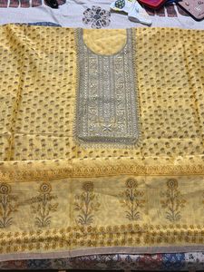 Yellow Printed with neck work suit piece