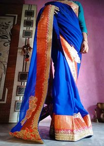 Royal Blue &amp; Coral Embroidered Saree