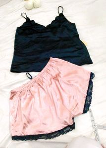 Satin Pajama Set - Black Top &amp; Pink Shorts
