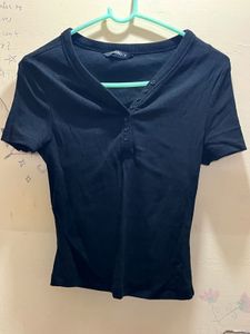 Ribbed Black Henley Top
