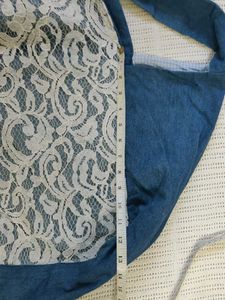 Denim Shoulder Bag with Lace Accent