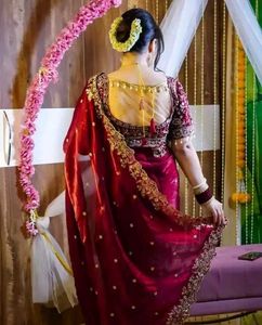 Stunning Red Embroidered Saree with stiched blouse