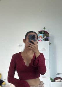 Maroon Lace V-Neck Bell Sleeve Crop Top